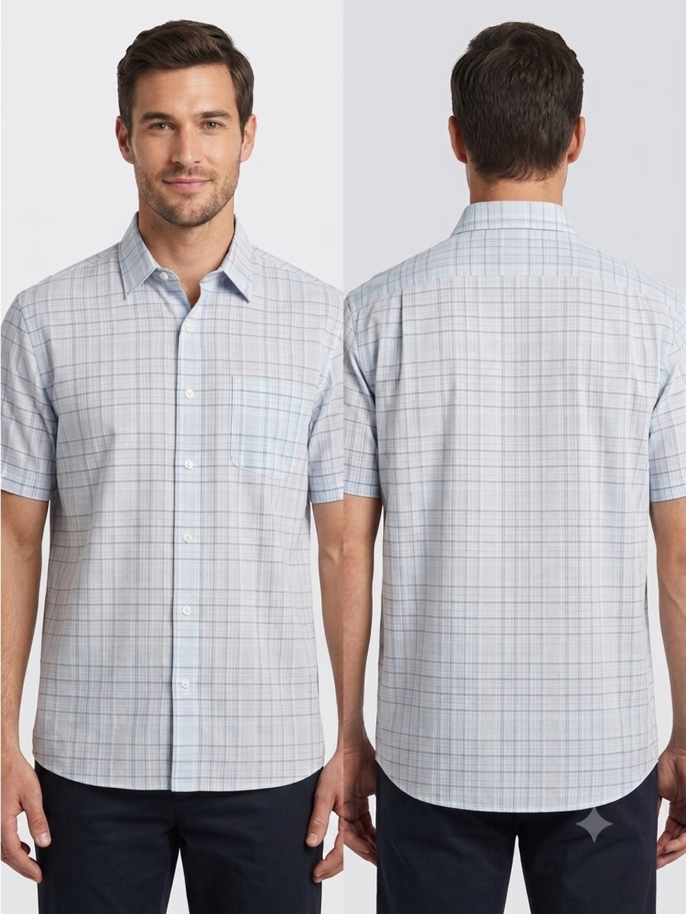 NWT Van Heusen No Iron Short Sleeve Button Up Shirt Mens Large Plaid Light Blue